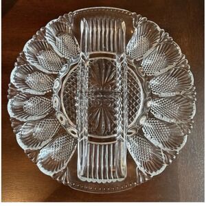 Vintage Clear Pressed Glass Deviled Egg Platter Sunburst Serving Tray